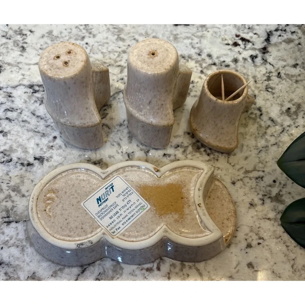 Vintage Israel Salt and Pepper Nurit Pottery Abstract MCM Toothpick Holder Caddy
